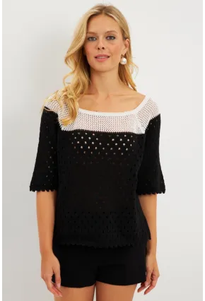 Kadın Siyah Ajurlu Triko Bluz YV230