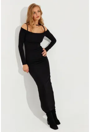 Kadın Siyah Aksesuar Detaylı Midi Elbise MEN2016