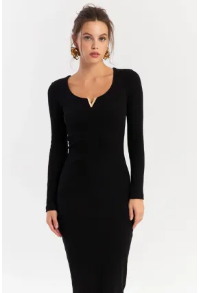 Kadın Siyah Aksesuarlı Kaşkorse Midi Elbise RLO75