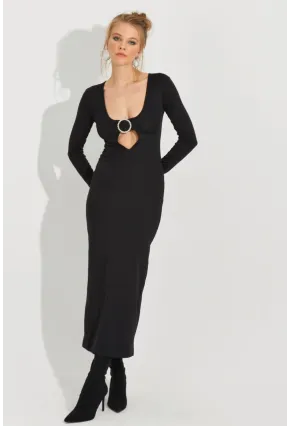 Kadın Siyah Aksesuarlı Midi Elbise EY2591
