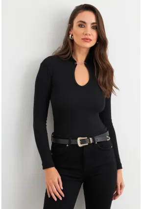 Kadın Siyah Aksesuarlı Pencereli Kaşkorse Bluz EY3032