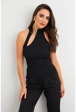 Kadın Siyah Aksesuarlı Pencereli Kolsuz Bluz EY3028