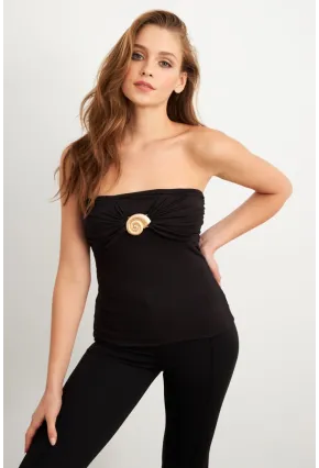 Kadın Siyah Aksesuarlı Straplez Bluz EY3086