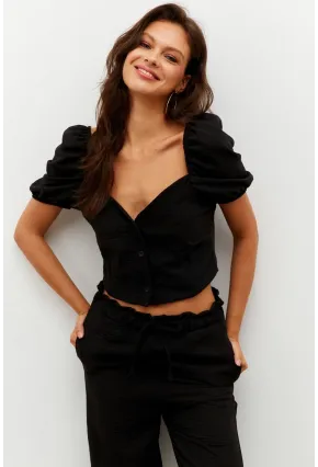 Kadın Siyah Alt-Üst Keten Takım PP7440