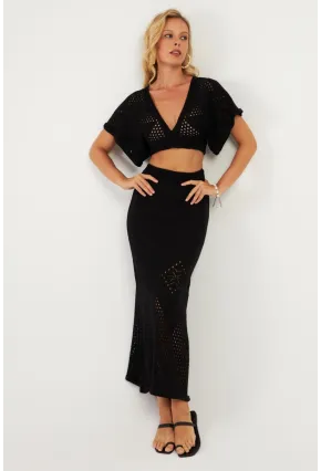 Kadın Siyah Alt Üst Triko Etek Takım KZ3233