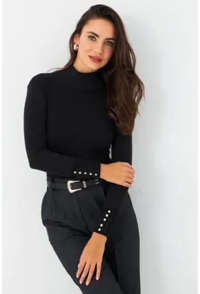 Kadın Siyah-Antrasit Kol Aksesuarlı Kaşkorse Bluz MTF44