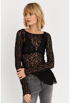 Kadın Siyah Asimetrik Dantel Bluz FS9830