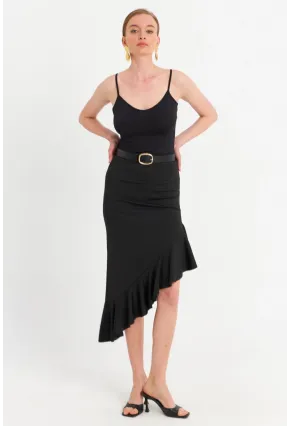 Kadın Siyah Asimetrik Pileli Etek EV741