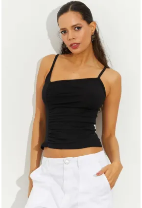 Kadın Siyah Asimetrik Yaka Büzgülü Bluz B2564