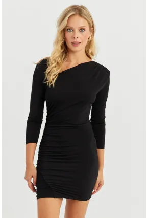 Kadın Siyah Asimetrik Yaka Büzgülü Midi Elbise KY6379