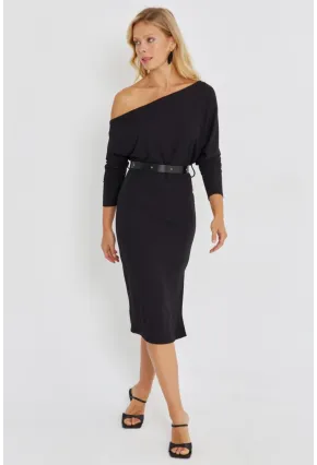 Kadın Siyah Asimetrik Yaka Kemerli Midi Elbise KED4043