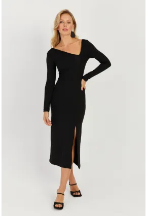 Kadın Siyah Asimetrik Yaka Yırtmaçlı Midi Elbise EY2708