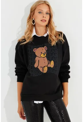 Kadın Siyah Ayıcık Baskılı Sweatshirt ZM288