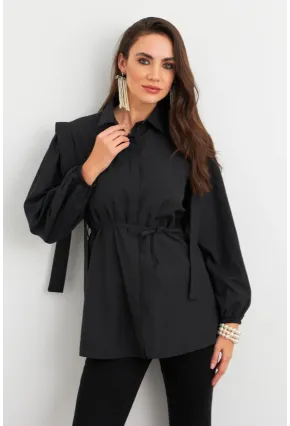 Kadın Siyah Bağlama Detaylı Basic Gömlek MASF185