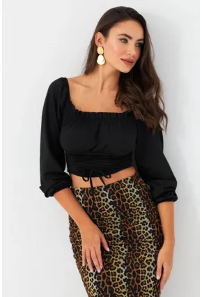 Kadın Siyah Bağlama Detaylı Crop Bluz CG387