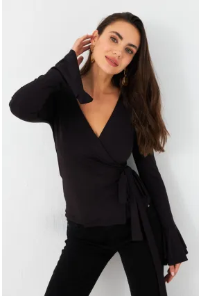 Kadın Siyah Bağlamalı Kruvaze Bluz EY2978