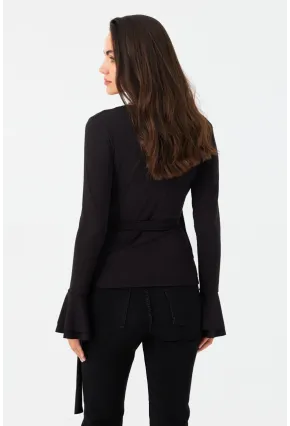 Kadın Siyah Bağlamalı Kruvaze Bluz EY2978