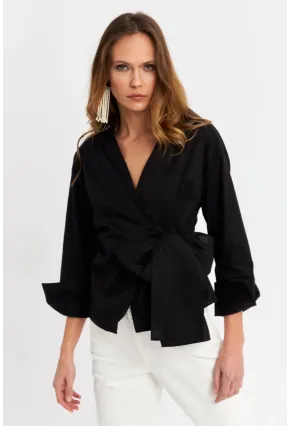 Kadın Siyah Bağlamalı Kruvaze Gömlek MFS9792