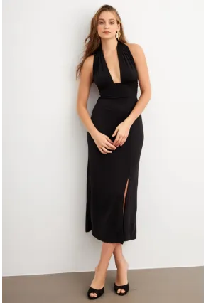 Kadın Siyah Bağlamalı Sırt Dekolteli Maxi Elbise UG2003