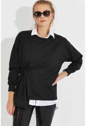 Kadın Siyah Bağlamalı Sweatshirt Yİ2493