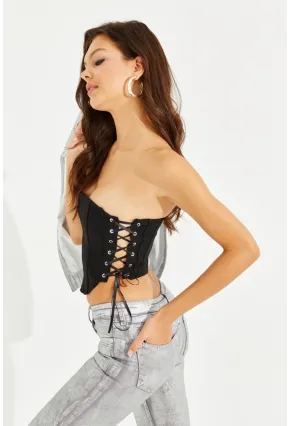 Kadın Siyah Balenli Kuş Gözlü Sırt Fermuarlı Büstiyer YEL82