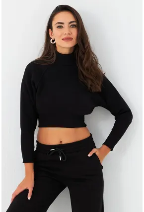 Kadın Siyah Balıkçı Crop Sweatshirt DY1469