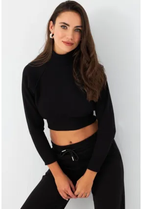 Kadın Siyah Balıkçı Crop Sweatshirt DY1469