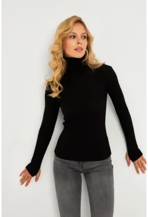 Kadın Siyah Balıkçı Yaka Eldivenli Triko Bluz HNT03