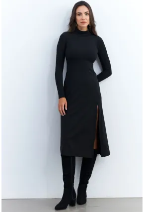 Kadın Siyah Balıkçı Yaka Midi Elbise HOR15