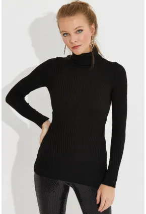 Kadın Siyah Balıkçı Yaka Triko Bluz MMSS128
