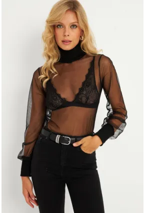 Kadın Siyah Balıkçı Yaka Tül Yılbaşı Bluz EY2901