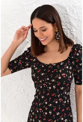 Kadın Siyah Balon Kol Kare Yaka Elbise Yİ1809