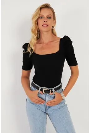 Kadın Siyah Balon Kol Kaşkorse Bluz XL2019