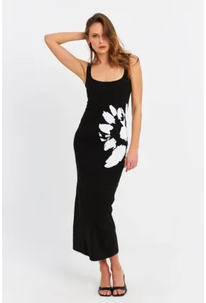Kadın Siyah Baskılı Midi Elbise B5005-5