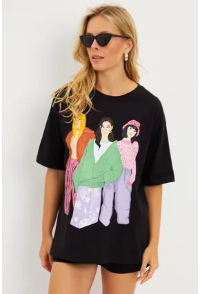 Kadın Siyah Baskılı T-Shirt DY1329