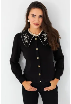 Kadın Siyah Bebe Yaka Nakışlı Gömlek MQS5378