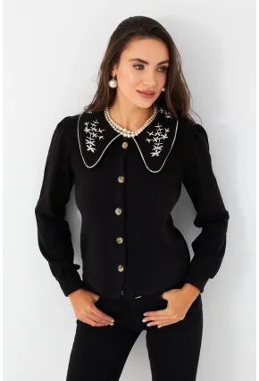 Kadın Siyah Bebe Yaka Nakışlı Gömlek MQS5378