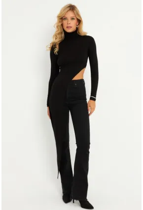 Kadın Siyah Beli Açık Asimetrik Balıkçı Uzun Bluz EY2902