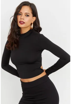 Kadın Siyah Beli Açık Crop Bluz GÇ115
