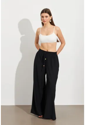 Kadın Siyah Beli Lastikli Bürümcük Pantolon ROP105