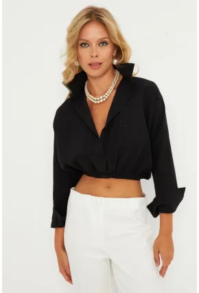 Kadın Siyah Beli Lastikli Gömlek ELT3835