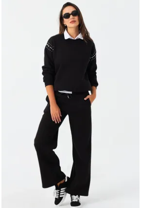 Kadın Siyah Beli Lastikli Palazzo Eşofman Altı ZM30