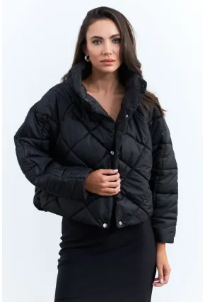 Kadın Siyah Beli Lastikli Yarasa Kol Şişme Mont MX11