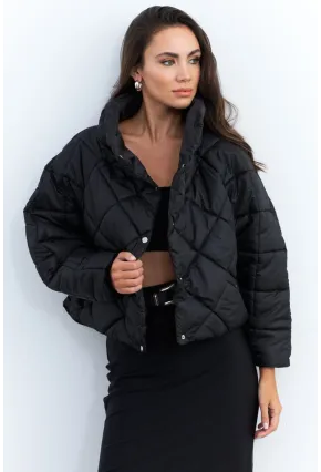 Kadın Siyah Beli Lastikli Yarasa Kol Şişme Mont MX11