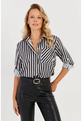 Kadın Siyah-Beyaz Çizgili Saten Gömlek SF2536