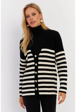 Kadın Siyah-Beyaz Çizgili Triko Hırka CNG3