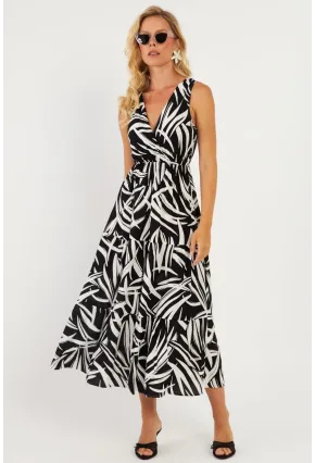 Kadın Siyah-Beyaz Desenli Kruvaze Midi Elbise YZ634