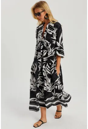 Kadın Siyah-Beyaz Desenli Salaş Maxi Elbise GÇ166