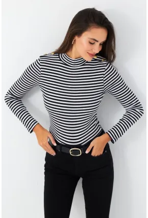 Kadın Siyah-Beyaz Düğme Detaylı Çizgili Bluz MAYD14