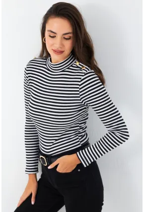 Kadın Siyah-Beyaz Düğme Detaylı Çizgili Bluz MAYD14